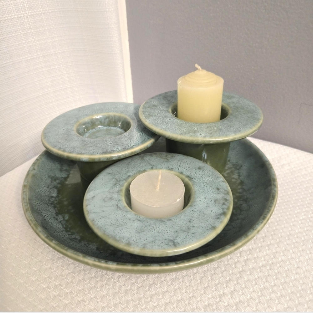 Art Pottery Candle Scape Set Green Glaze Holders Under Plate Pillar Tealight